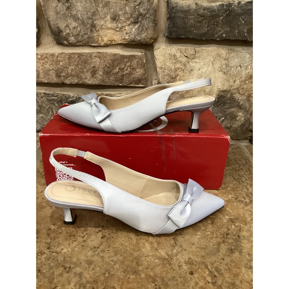 Journee Collection Paloma Silver Satin Slingback Kitten Heels Bow Size 8.5M